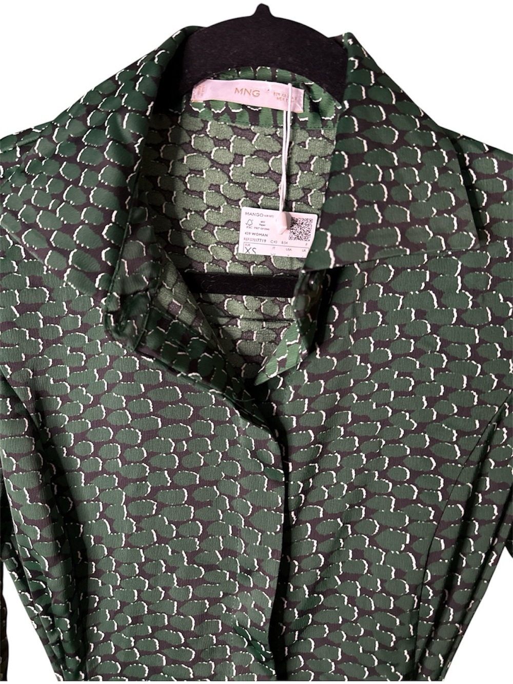 MANGO NWT Green Patterned Long-Sleeve Belted Dress size XS - Picture 4 of 7